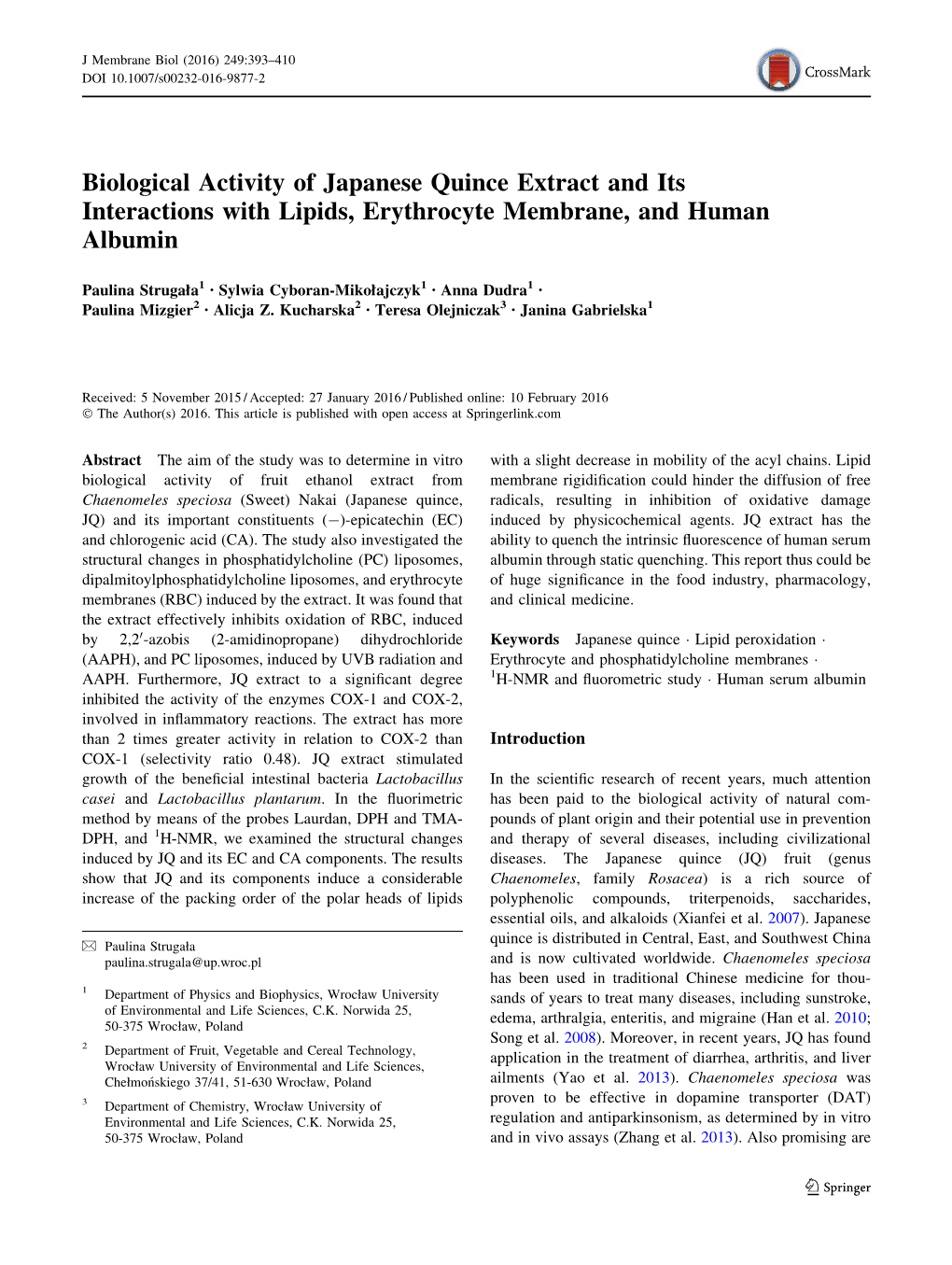 Biological Activity of Japanese Quince Extract and Its Interactions with Lipids, Erythrocyte Membrane, and Human Albumin