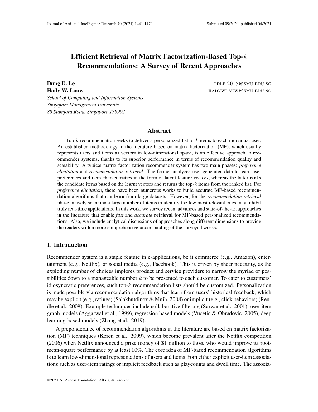 EFFICIENT RETRIEVAL of MATRIX FACTORIZATION-BASED TOP-K RECOMMENDATIONS