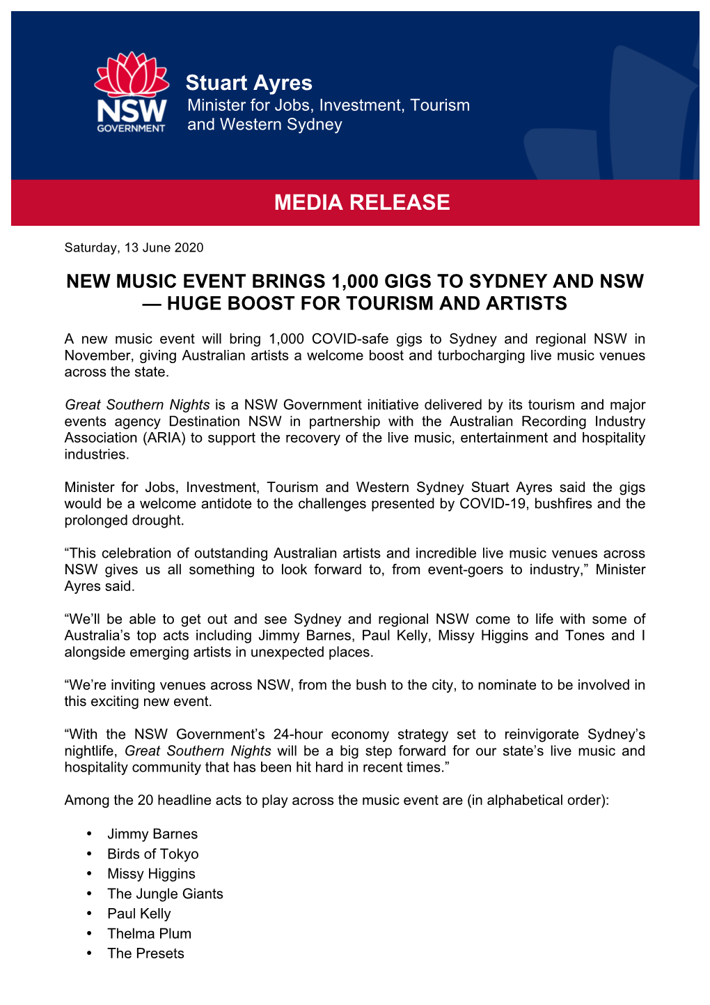 Stuart Ayres MEDIA RELEASE