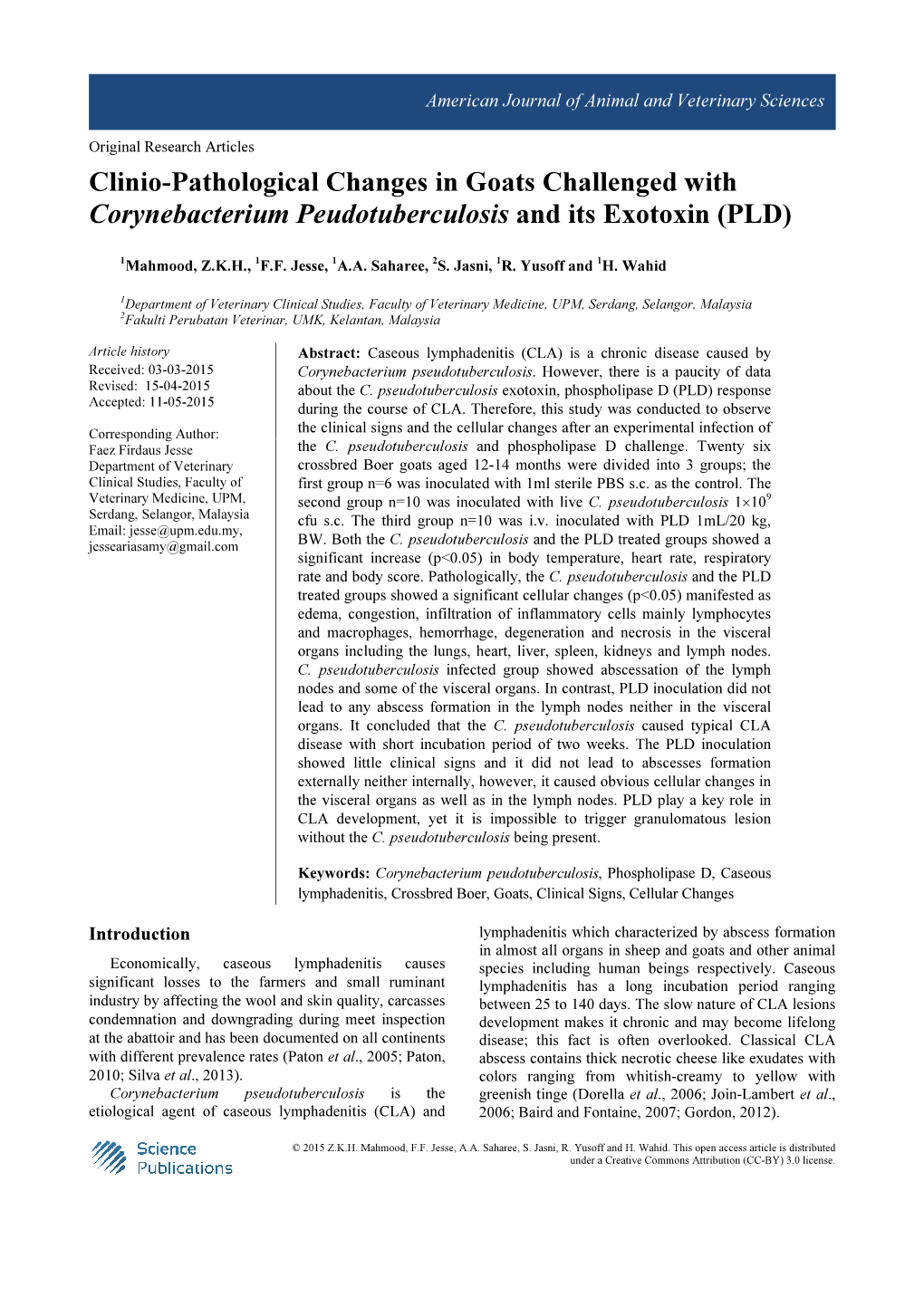 Clinio-Pathological Changes in Goats Challenged with Corynebacterium Peudotuberculosis and Its Exotoxin (PLD)