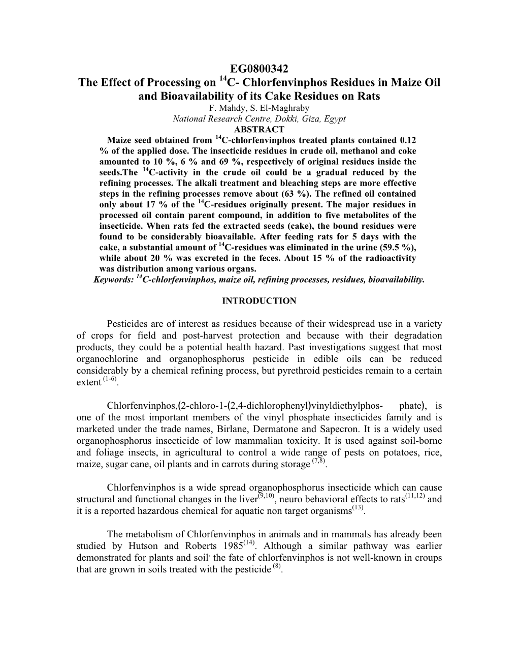 The Effect of Processing on 14 C-Chlofenvinphos Residues In