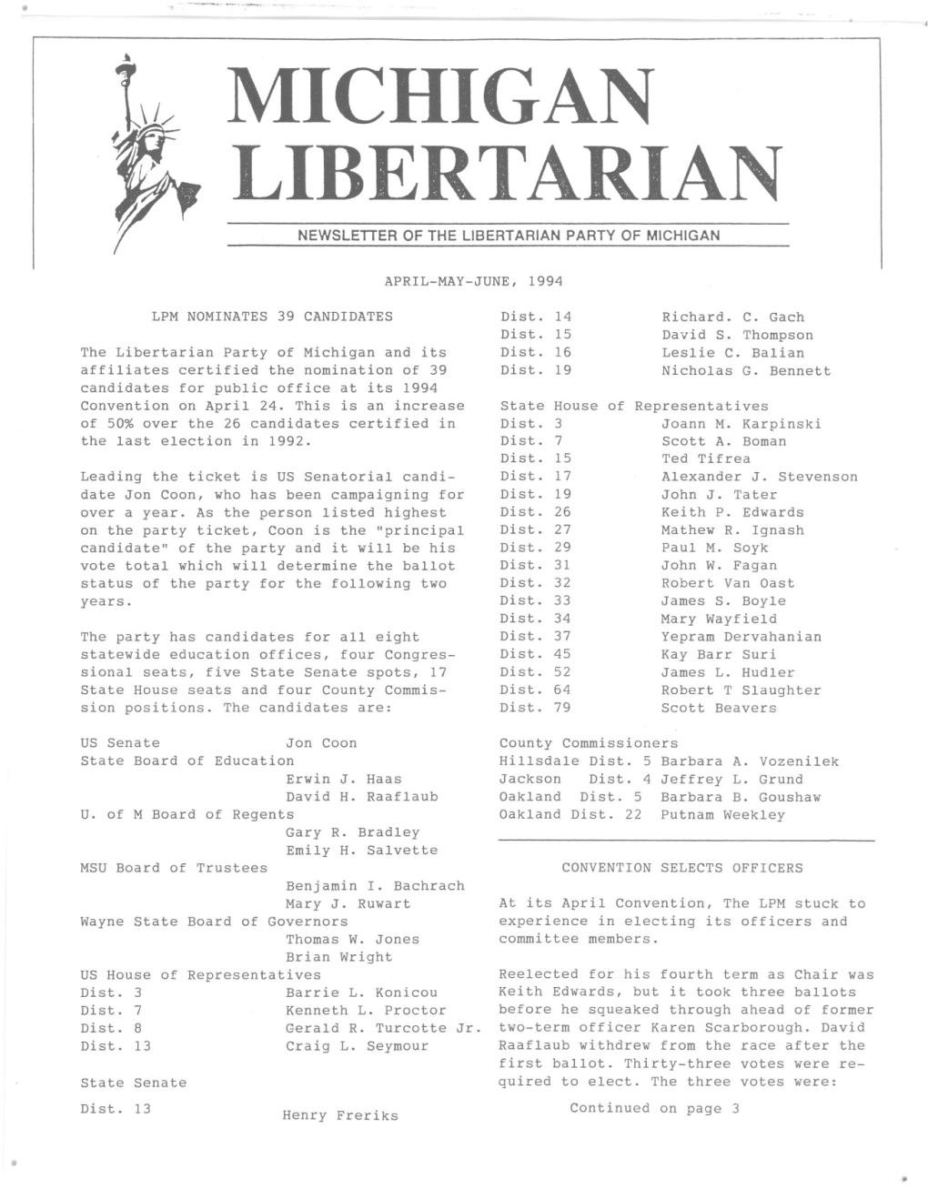 Michigan Libertarian Newsletter of the Libertarian Party of Michigan
