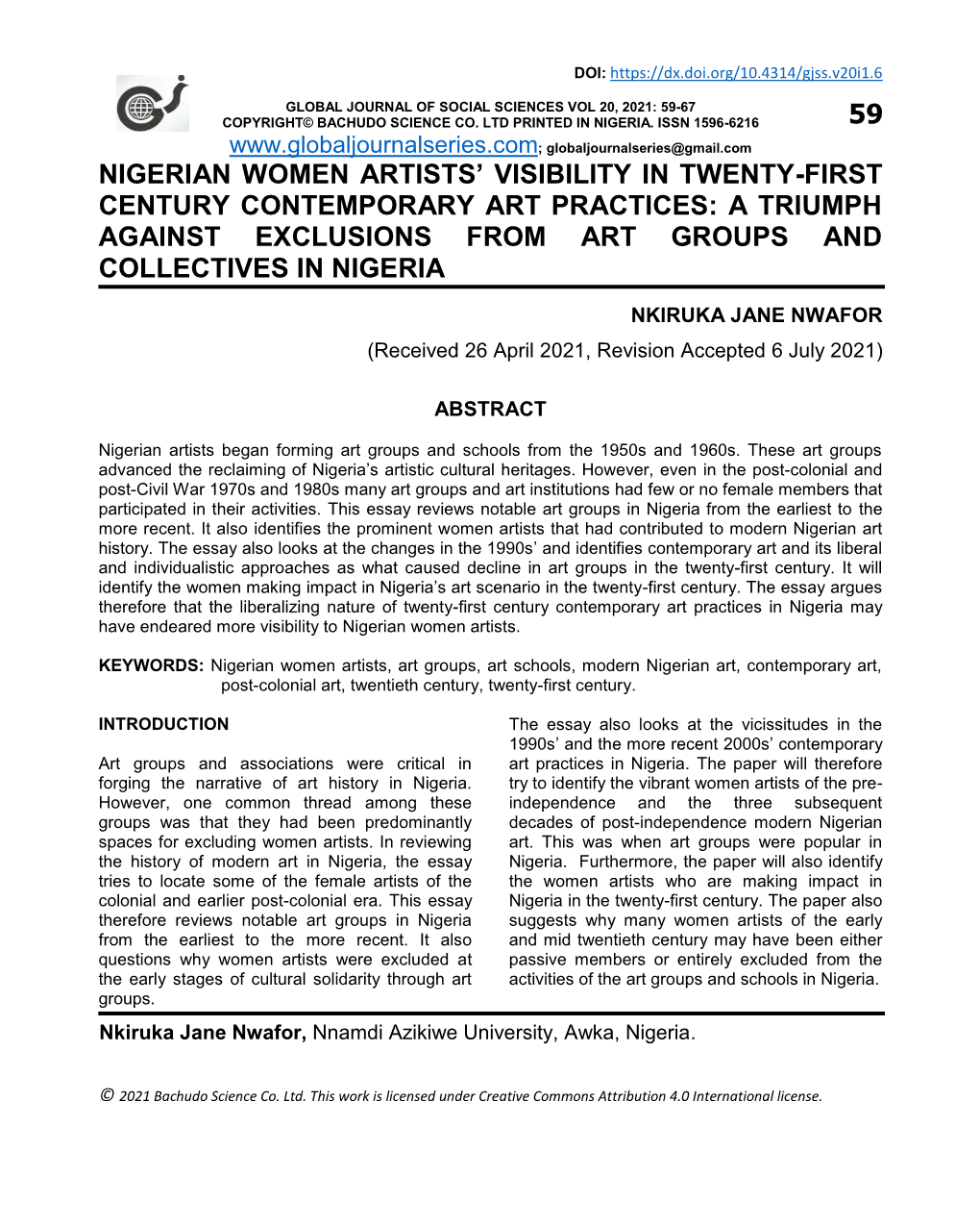 Nigerian Women Artists' Visibility in Twenty-First