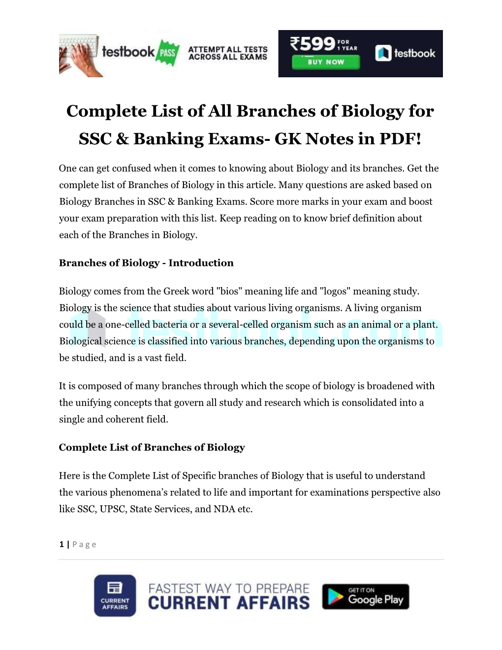 Complete List of All Branches of Biology for SSC & Banking Exams