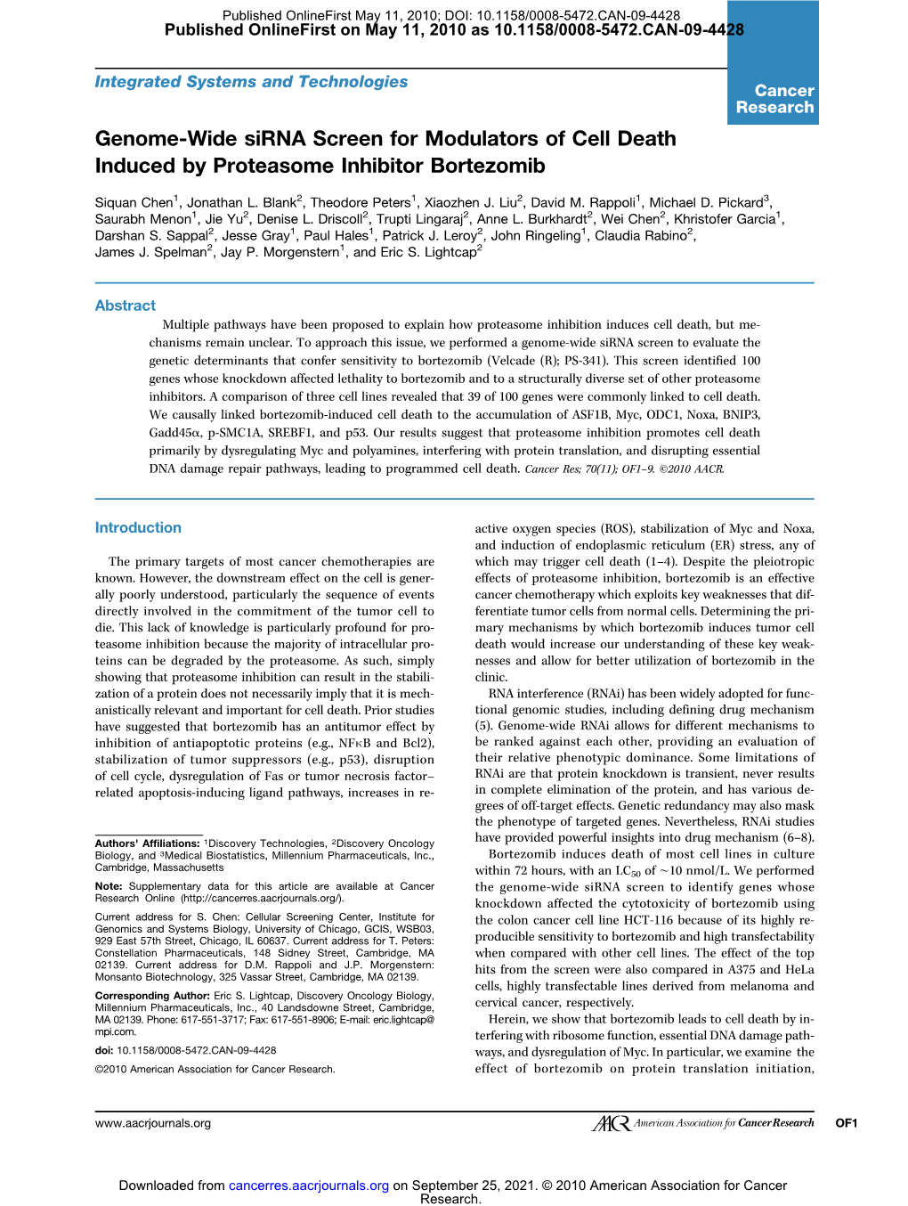 Genome-Wide Sirna Screen for Modulators of Cell Death Induced by Proteasome Inhibitor Bortezomib