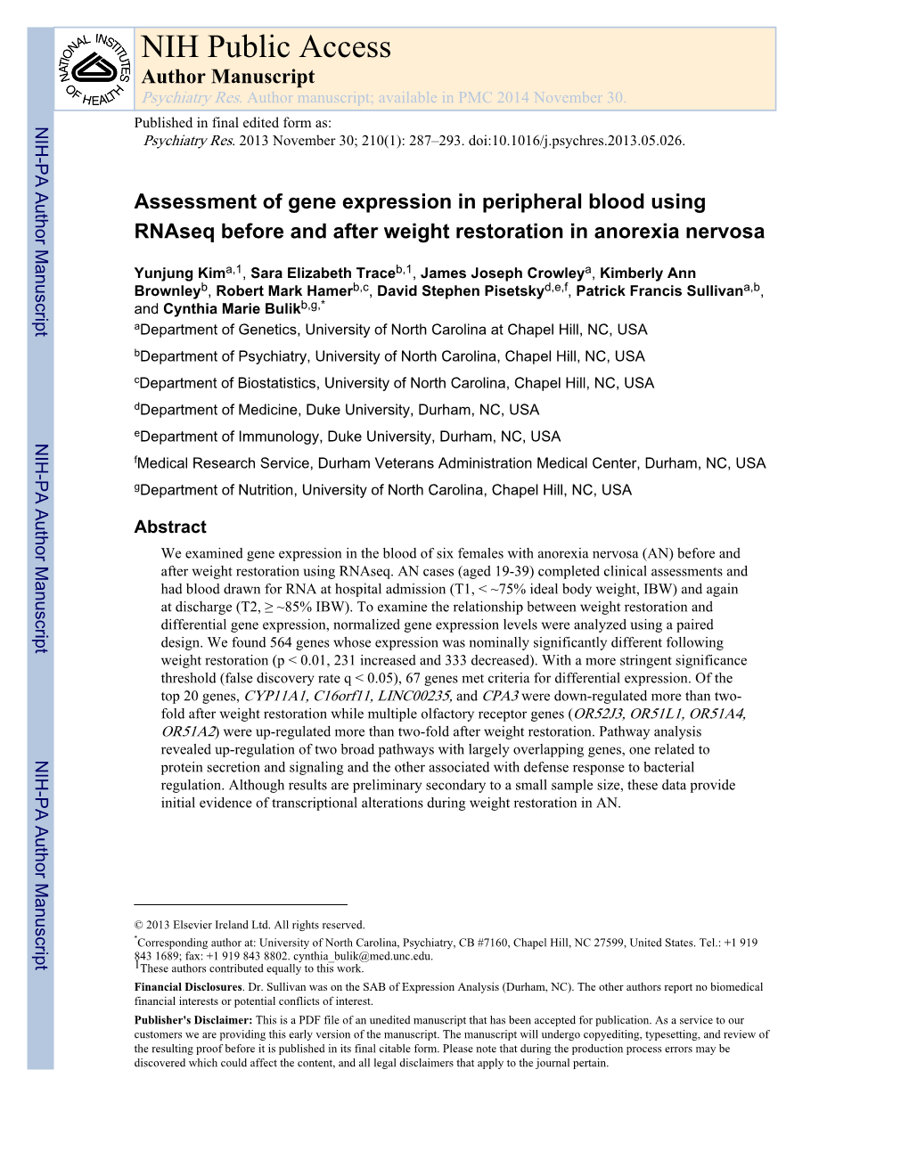 NIH Public Access Author Manuscript Psychiatry Res