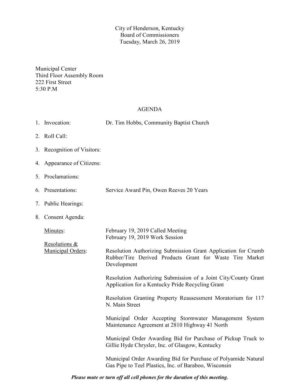 City of Henderson, Kentucky Board of Commissioners Tuesday, March 26, 2019
