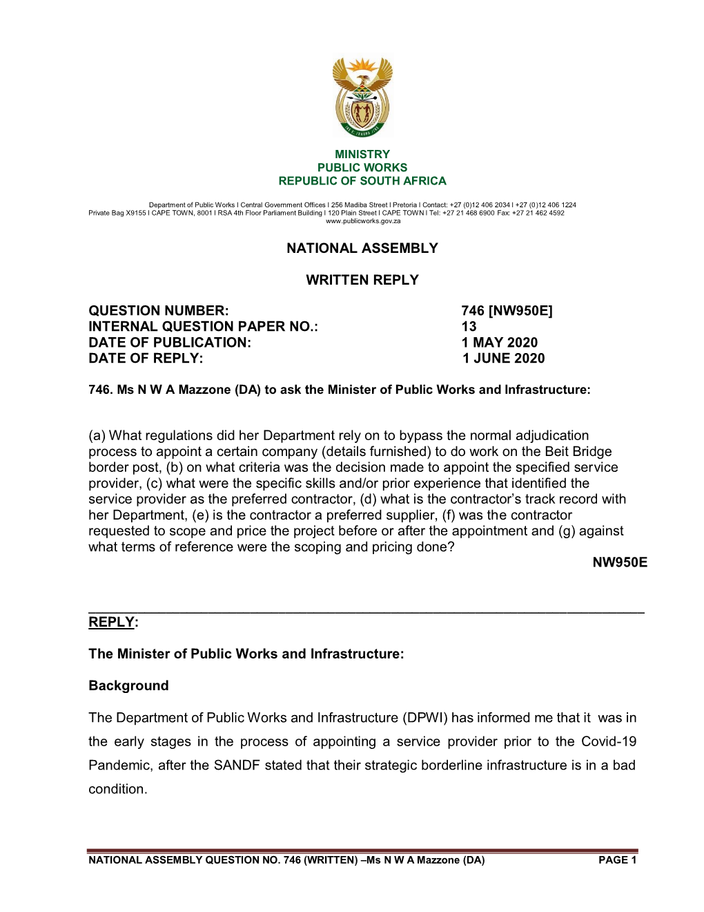 Internal Question Paper No.: 13 Date of Publication: 1 May 2020 Date of Reply: 1 June 2020