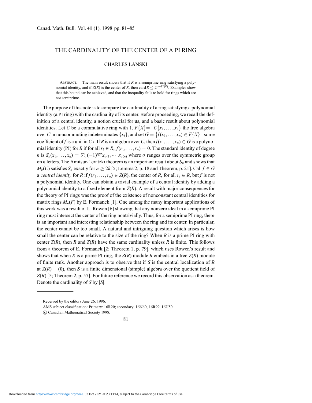 The Cardinality of the Center of a Pi Ring