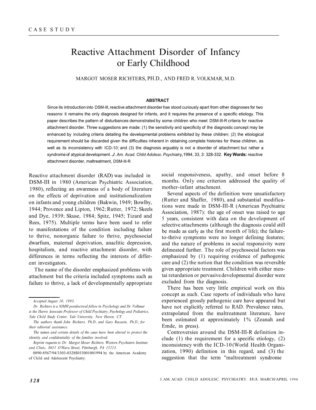 Reactive Attachment Disorder of Infancy Or Early Childhood