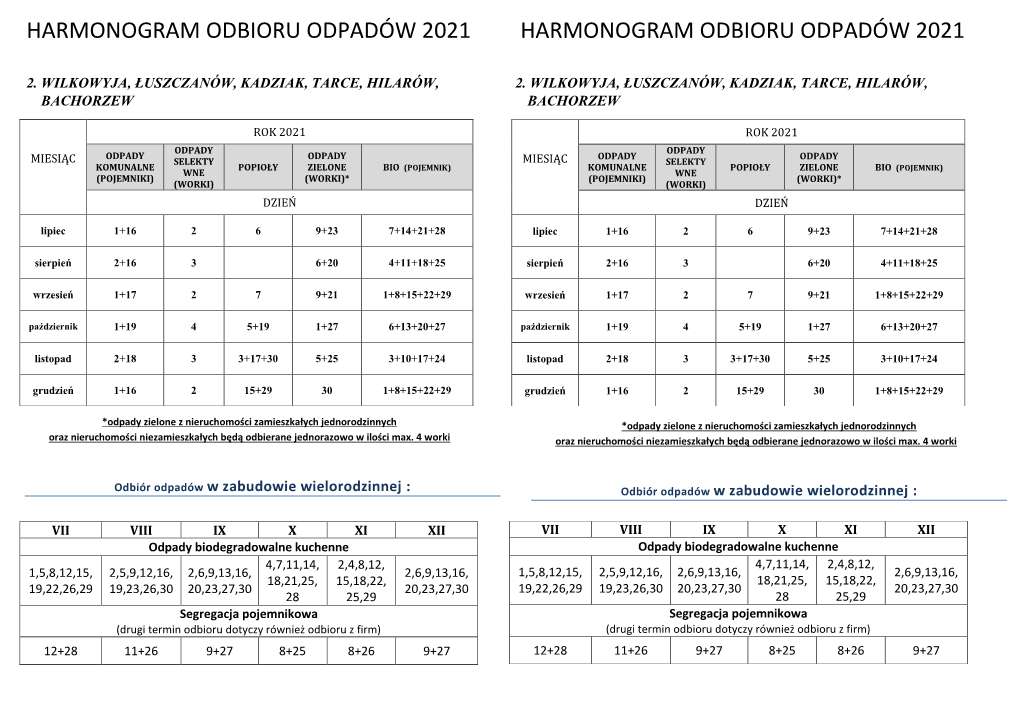 Harmonogram Odbioru Odpadów 2021 Harmonogram Odbioru Odpadów 2021