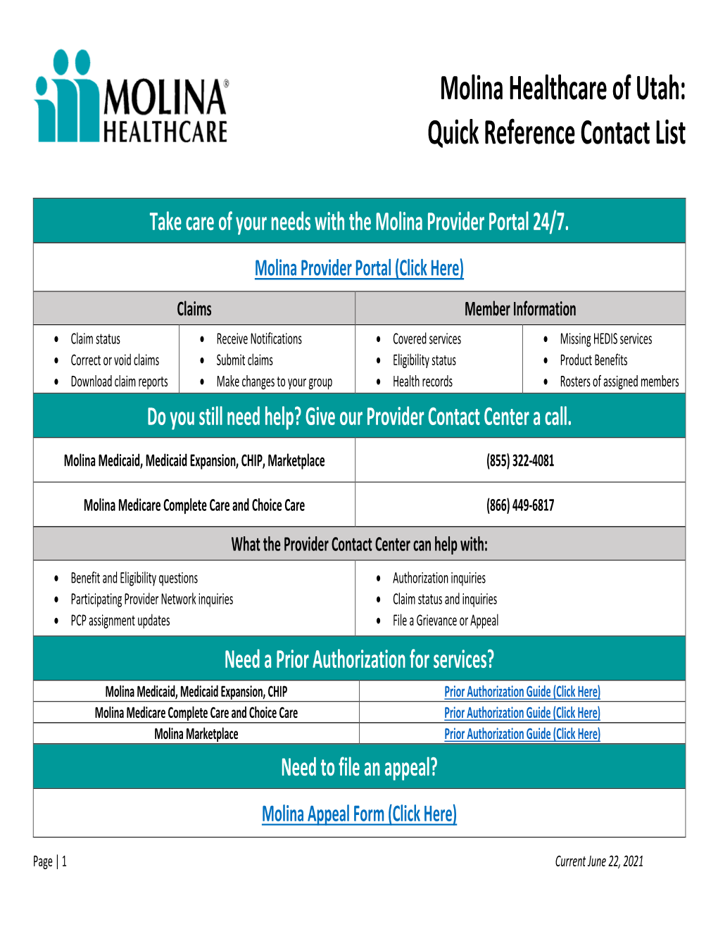 Molina Healthcare of Utah: Quick Reference Contact List