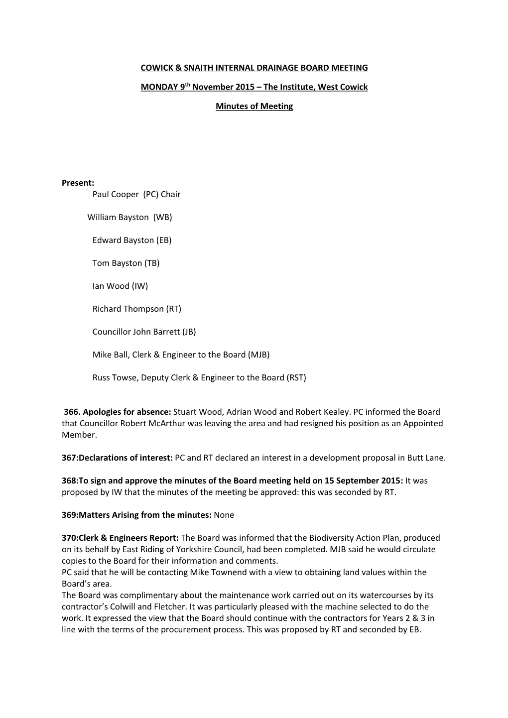 Cowick & Snaith Internal Drainage Board Meeting