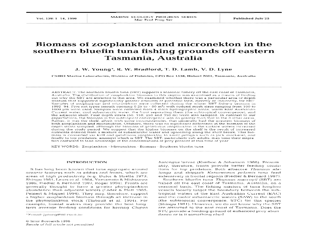 Biomass of Zooplankton and Micronekton in the Southern Bluefin Tuna Fishing Grounds Off Eastern Tasmania, Australia