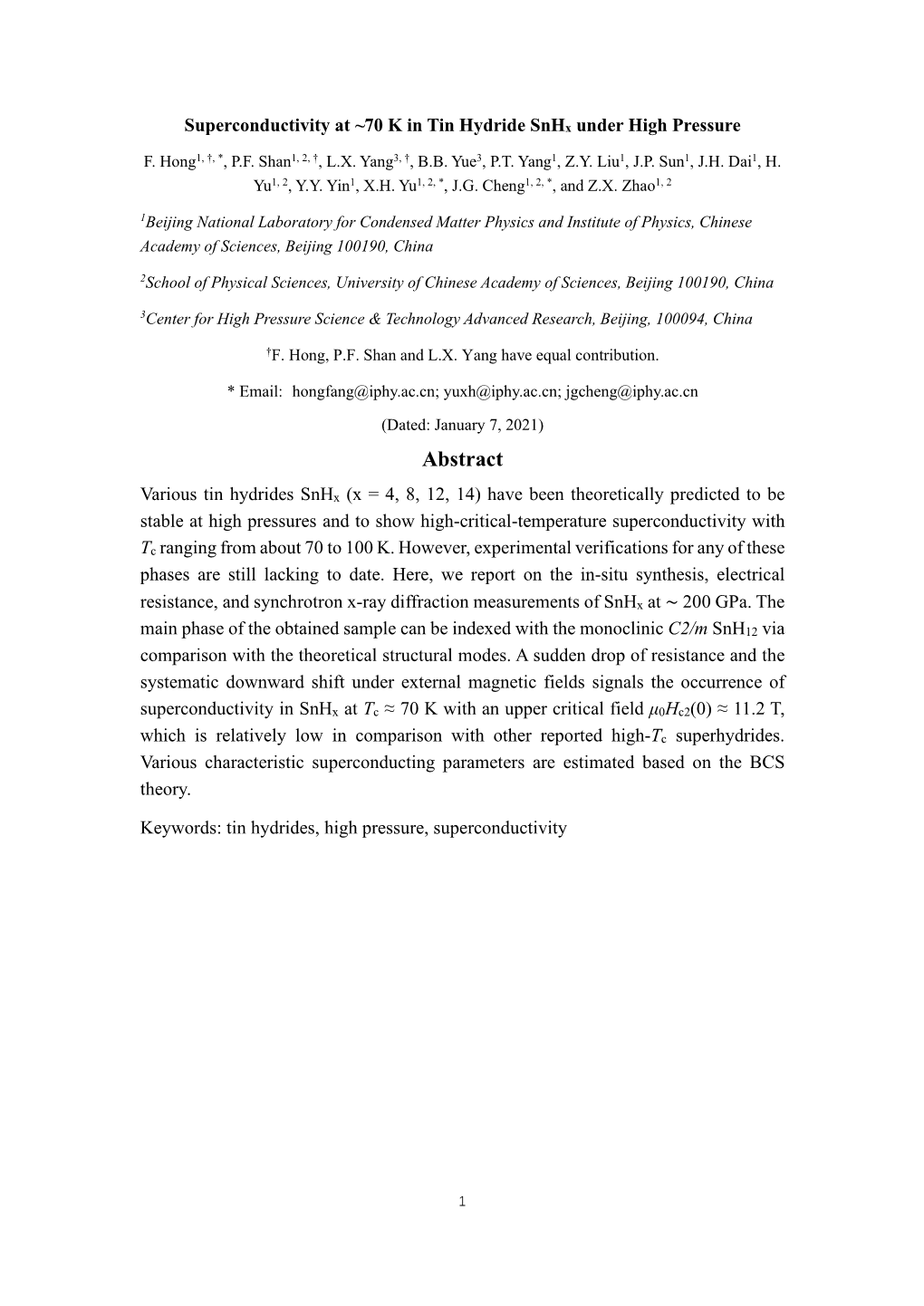 Superconductivity at ~70 K in Tin Hydride Snhx Under High Pressure