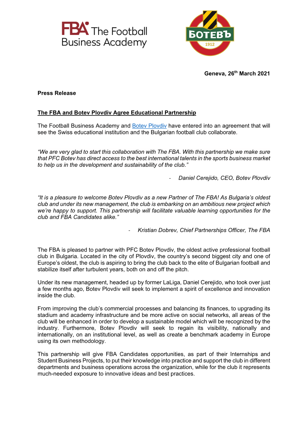 Geneva, 26Th March 2021 Press Release the FBA and Botev