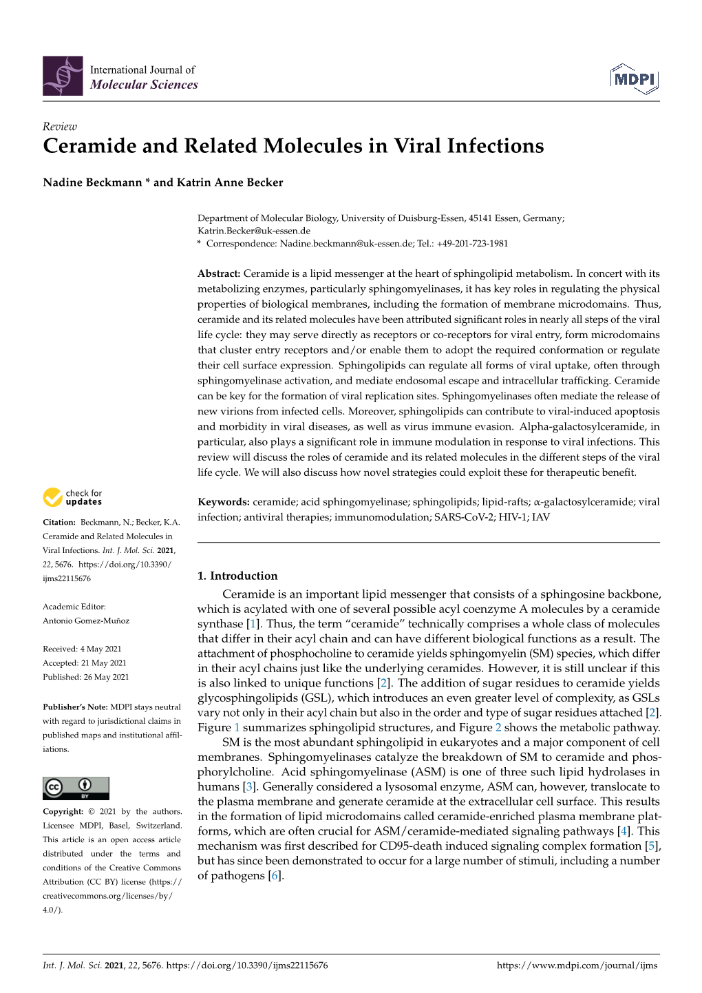 Ceramide and Related Molecules in Viral Infections