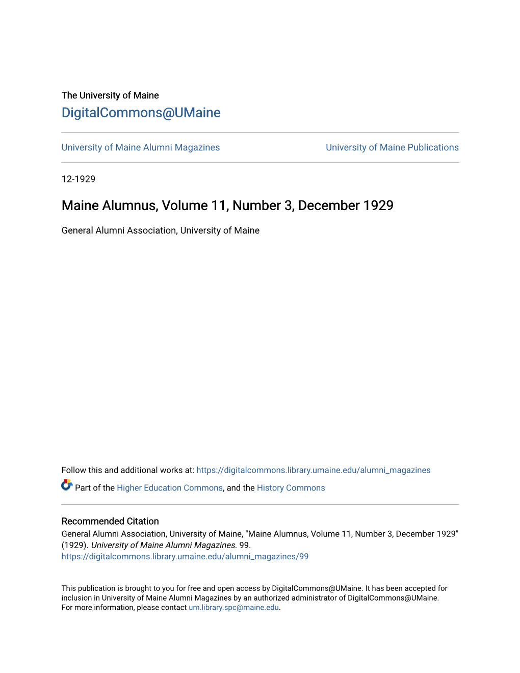 Maine Alumnus, Volume 11, Number 3, December 1929