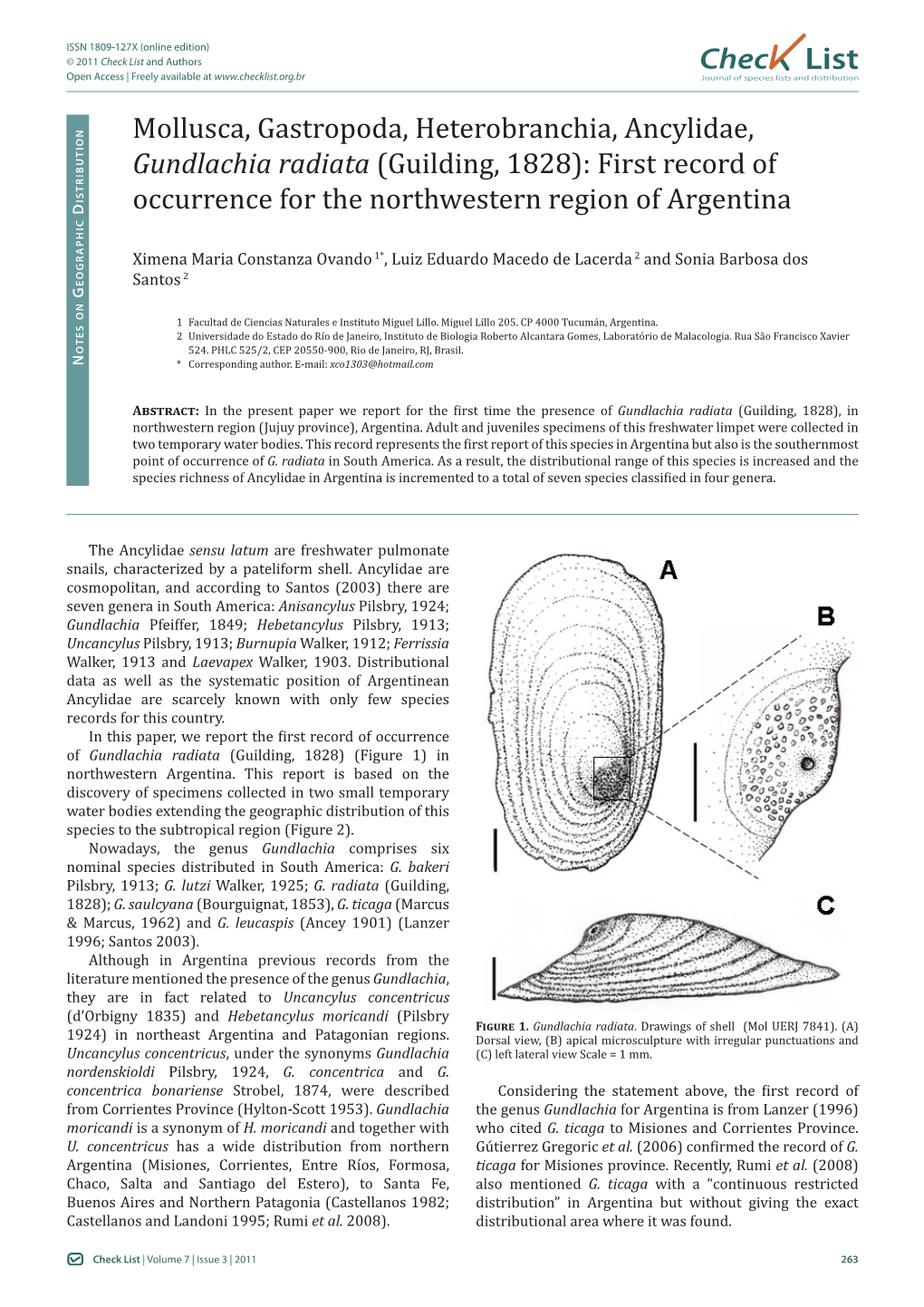 Gundlachia Radiata (Guilding, 1828): First Record Of