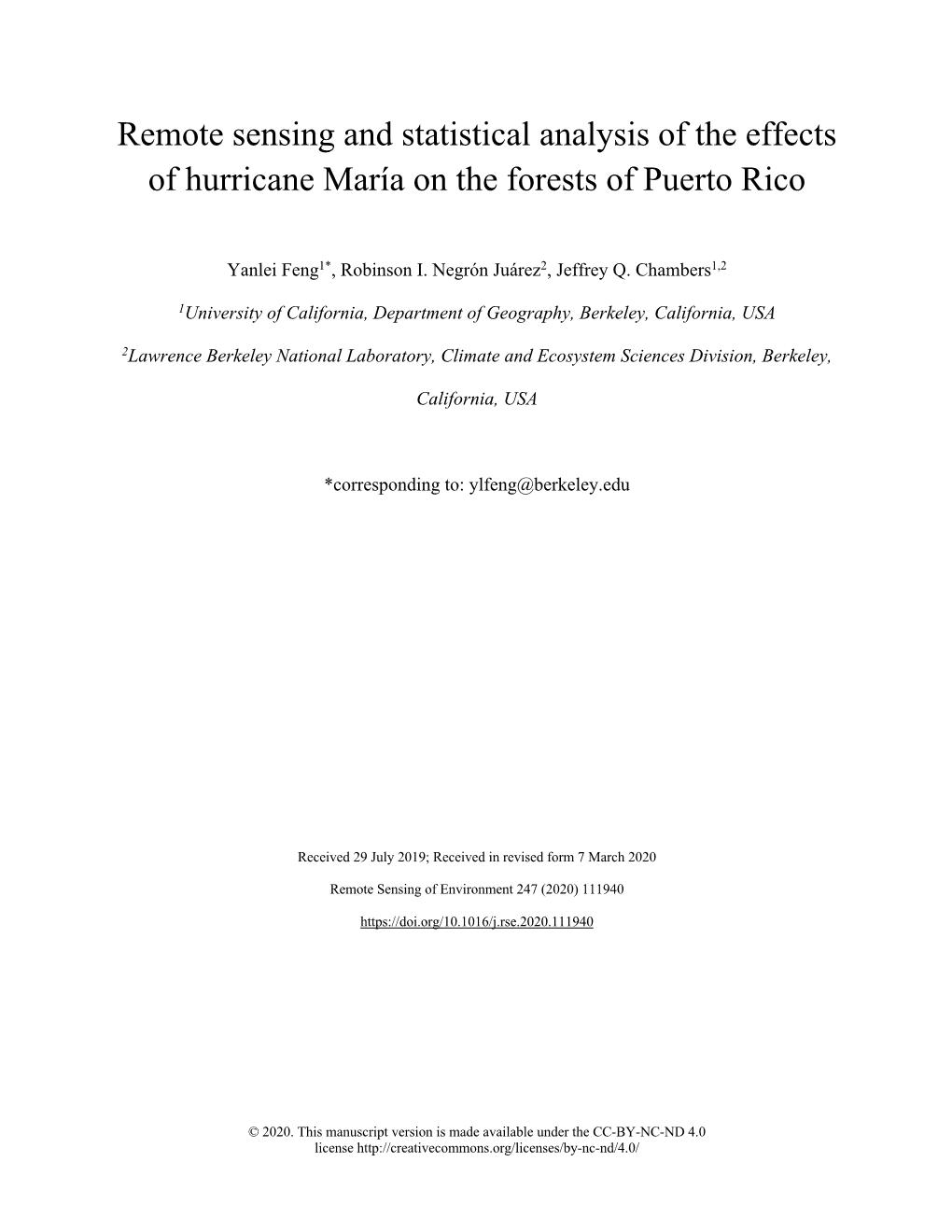 Remote Sensing and Statistical Analysis of the Effects of Hurricane María on the Forests of Puerto Rico