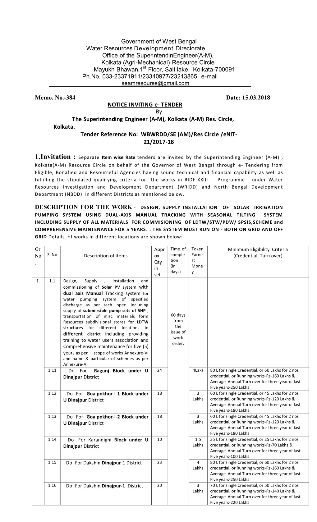 15.03.2018 NOTICE INVITING E- TENDER by the Superintending Engineer (A-M), Kolkata (A-M) Res