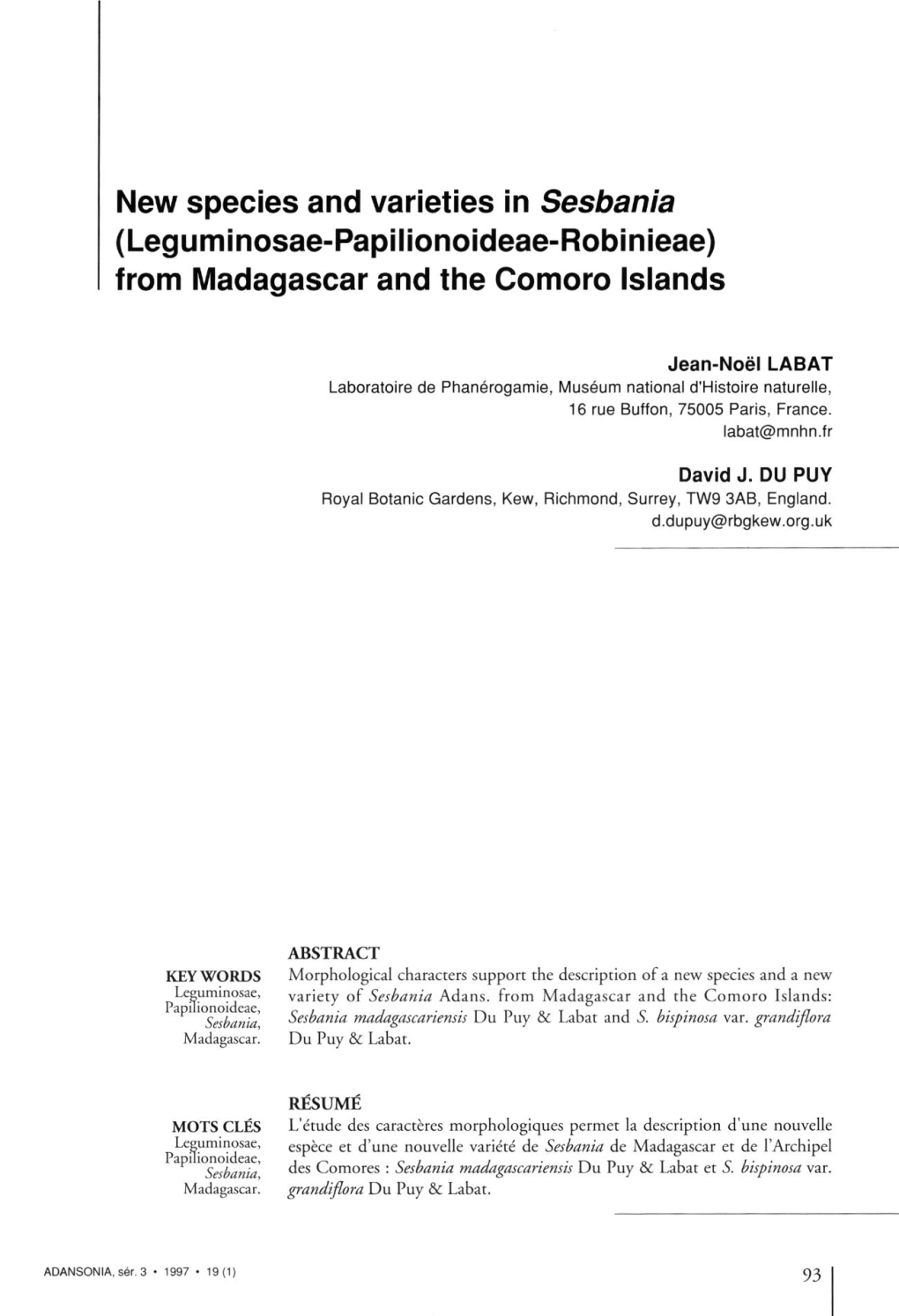 New Species and Varieties in Sesbania (Leguminosae-Papilionoideae-Robinieae) from Madagascar and the Comoro Islands