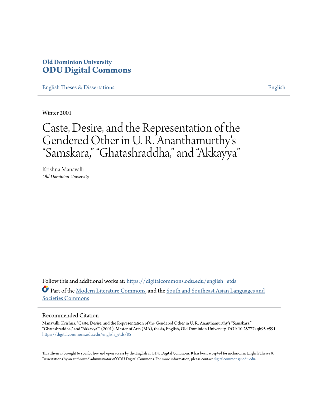 Caste, Desire, and the Representation of the Gendered Other in U. R