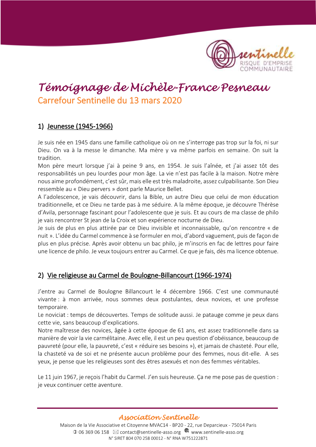 Témoignage De Michèle-France Pesneau Carrefour Sentinelle Du 13 Mars 2020
