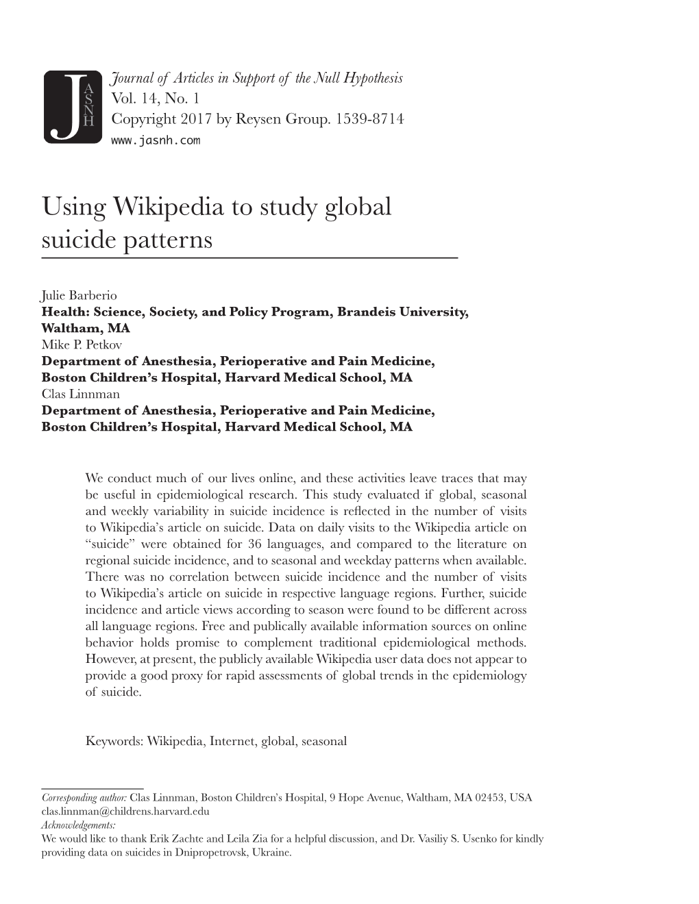 Using Wikipedia to Study Global Suicide Patterns 19 Journal of Articles in Support of the Null Hypothesis Vol