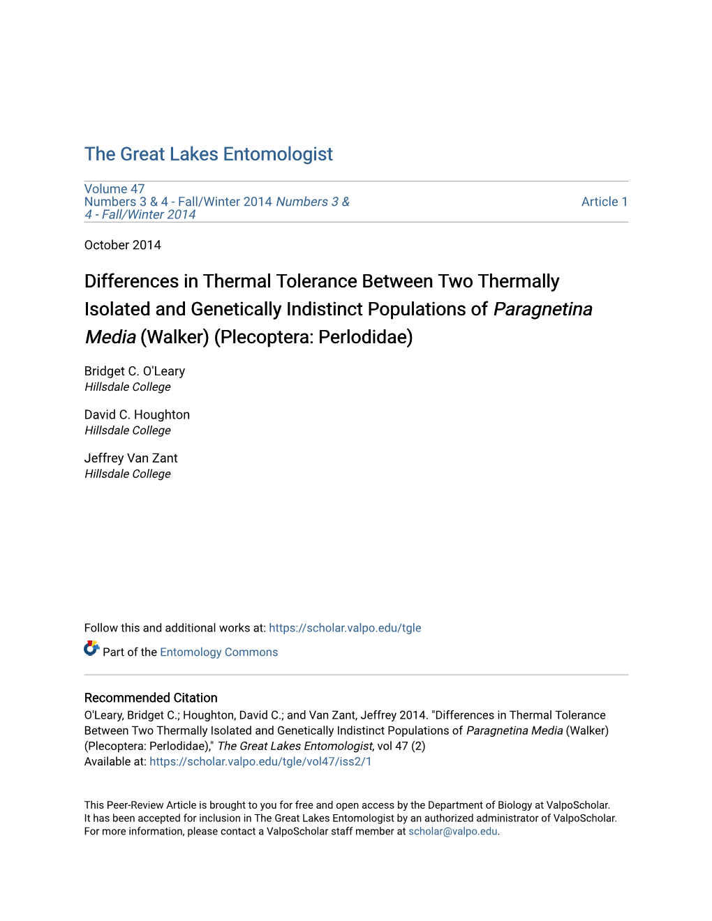 Differences in Thermal Tolerance Between Two Thermally Isolated and Genetically Indistinct Populations of Paragnetina Media (Walker) (Plecoptera: Perlodidae)