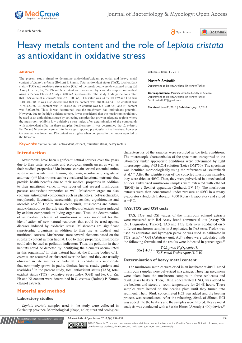 Heavy Metals Content and the Role of Lepiota Cristata As Antioxidant in Oxidative Stress