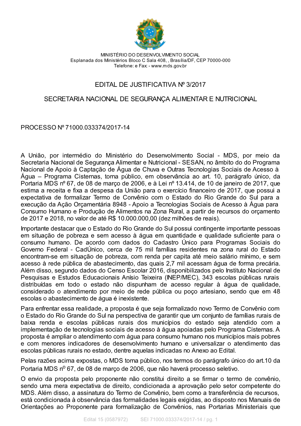 Edital De Justificativa Nº 3/2017 Secretaria Nacional De Segurança Alimentar E Nutricional