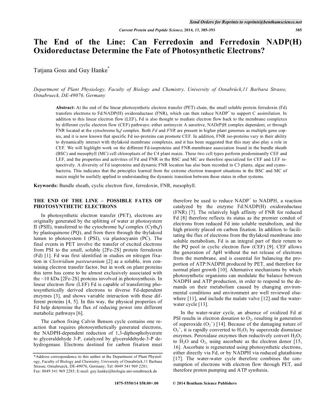 Can Ferredoxin and Ferredoxin NADP(H) Oxidoreductase Determine the Fate of Photosynthetic Electrons?