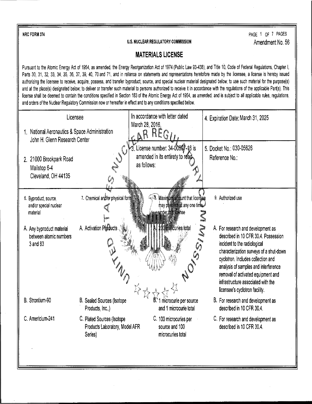 588168 Amendment No. 56 NASA Glenn Research Center, License