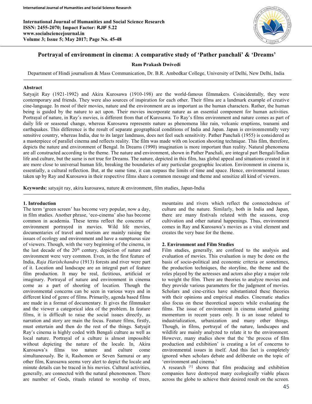 Portrayal of Environment in Cinema: a Comparative Study of 'Pather Panchali'