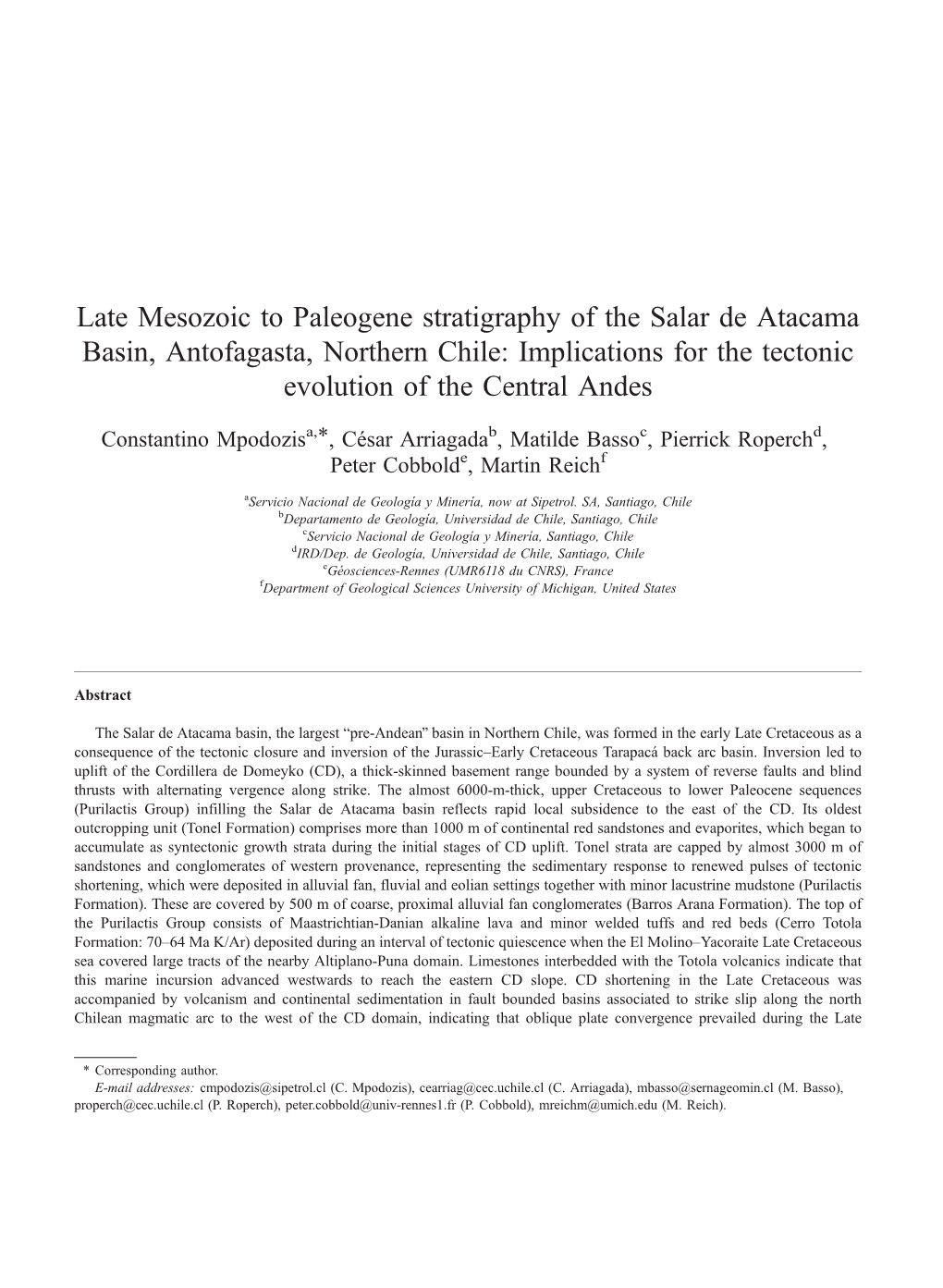 Late Mesozoic to Paleogene Stratigraphy of the Salar De Atacama Basin, Antofagasta, Northern Chile: Implications for the Tectonic Evolution of the Central Andes