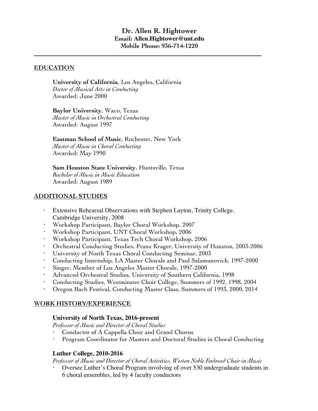 Dr. Allen R. Hightower Email: Allen.Hightower@Unt.Edu Mobile Phone: 936-714-1220 ______