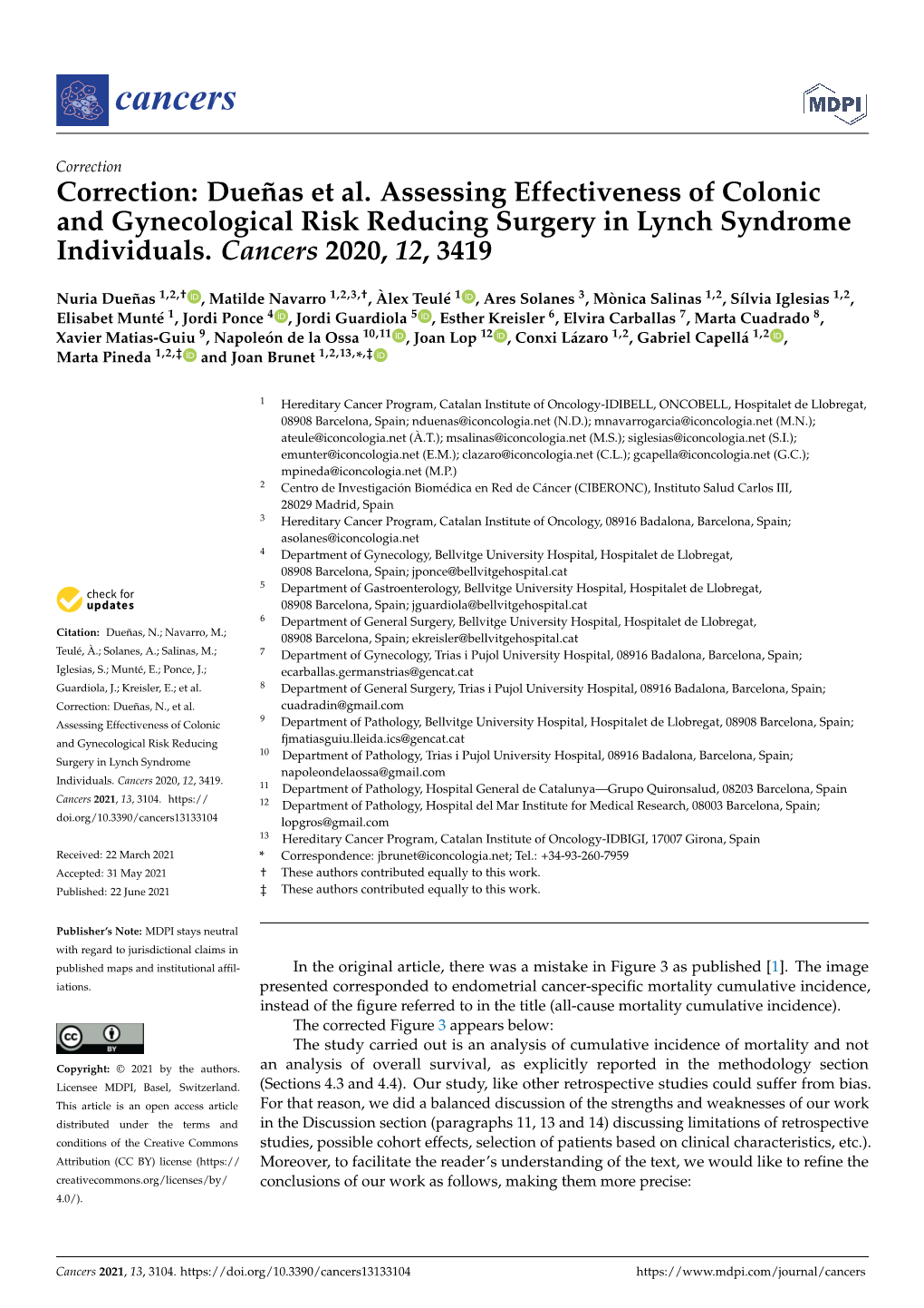 Correction: Dueñas Et Al. Assessing Effectiveness of Colonic and Gynecological Risk Reducing Surgery in Lynch Syndrome Individuals