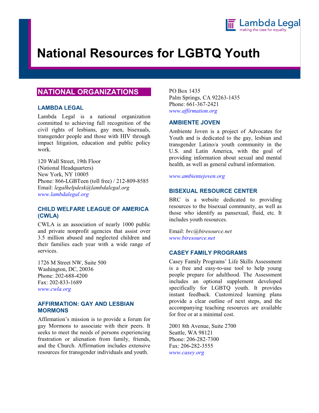 National Resources for LGBTQ Youth
