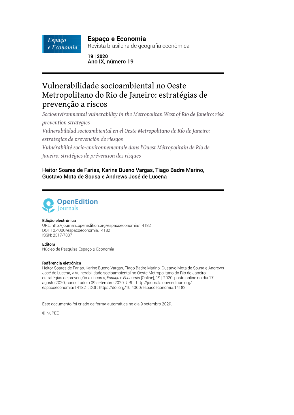 Espaço E Economia, 19 | 2020 Vulnerabilidade Socioambiental No Oeste Metropolitano Do Rio De Janeiro: Estr