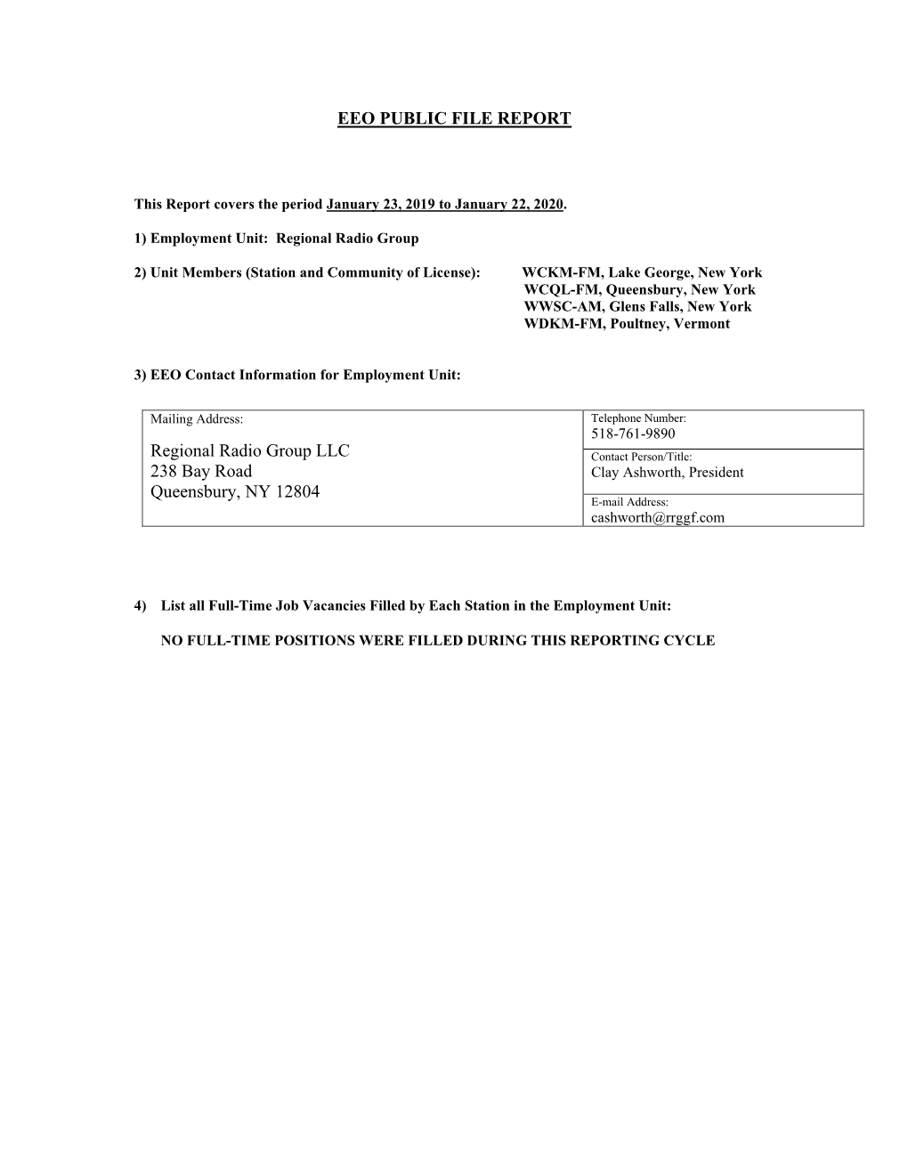 EEO PUBLIC FILE REPORT Regional Radio Group LLC 238 Bay Road