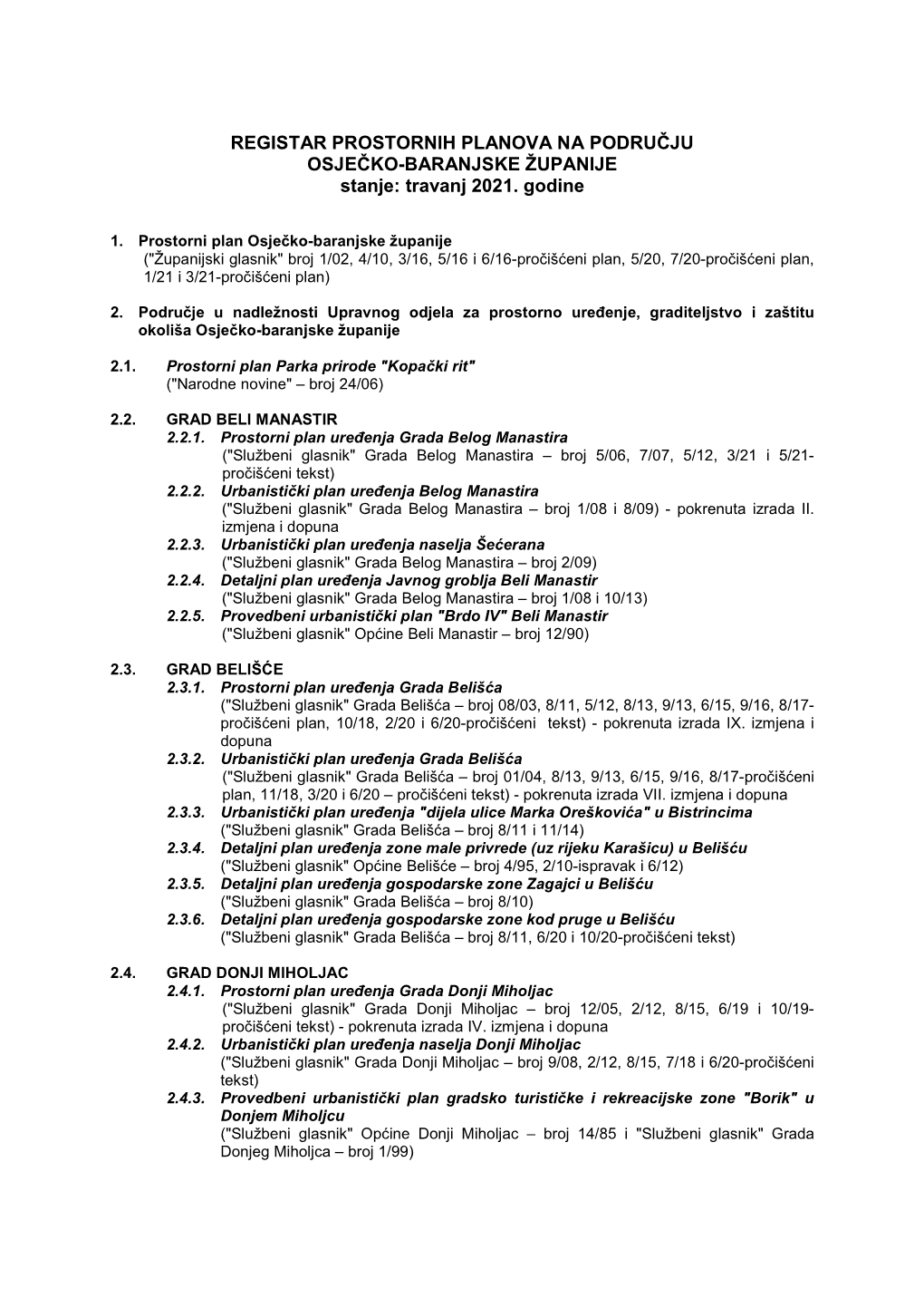 REGISTAR PROSTORNIH PLANOVA NA PODRUČJU OSJEČKO-BARANJSKE ŽUPANIJE Stanje: Travanj 2021