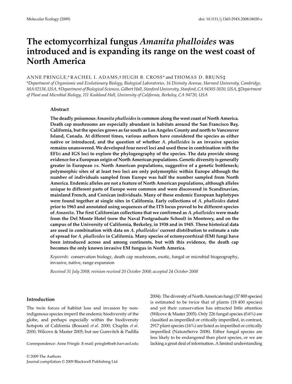 The Ectomycorrhizal Fungus Amanita Phalloides Was Introduced and Is