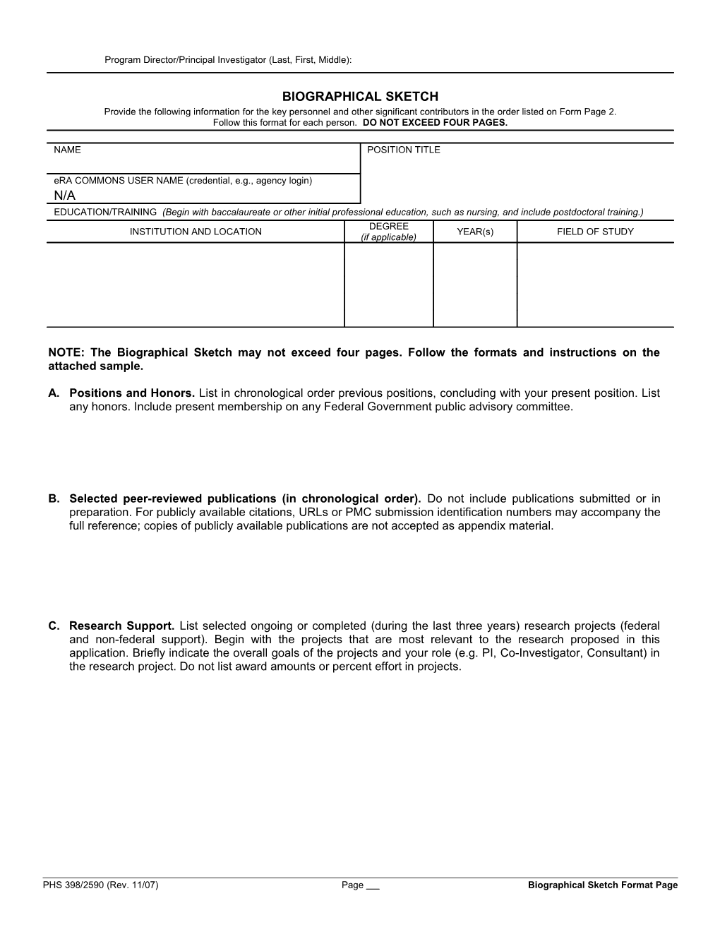 PHS 398 (Rev. 11/07), Biographical Sketch Format Page