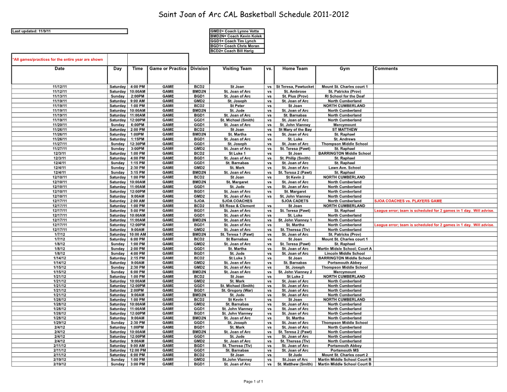 Saint Joan of Arc CAL Basketball Schedule 2011-2012