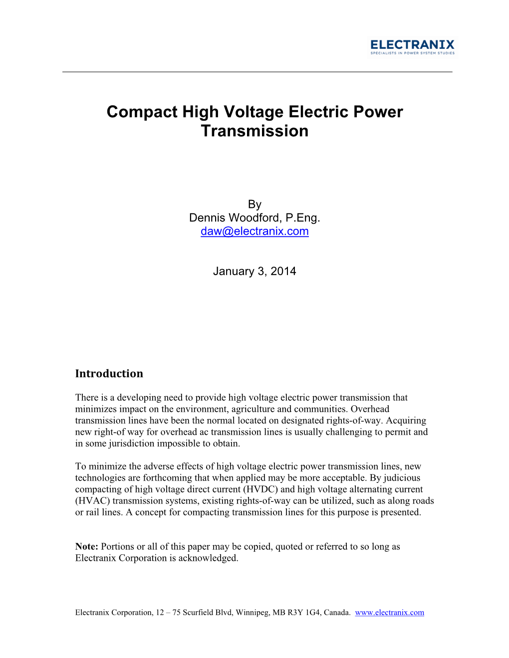 Compact High Voltage Electric Power Transmission