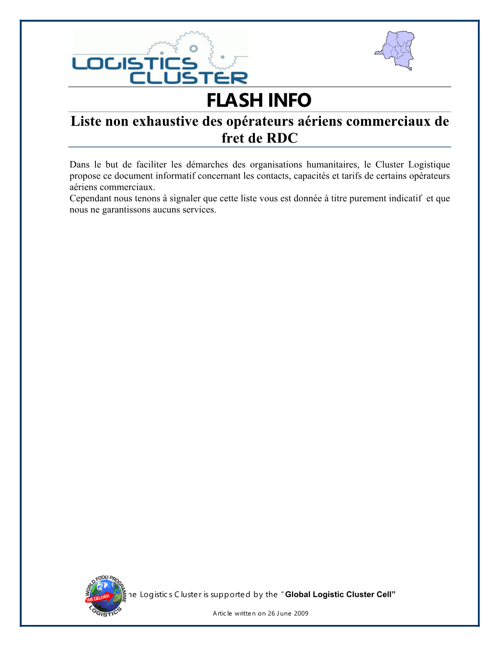 FLASH INFO Liste Non Exhaustive Des Opérateurs Aériens Commerciaux De Fret De RDC