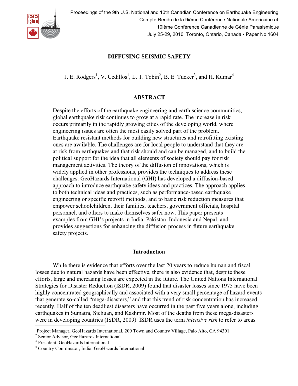 DIFFUSING SEISMIC SAFETY J. E. Rodgers1, V. Cedillos1, L. T