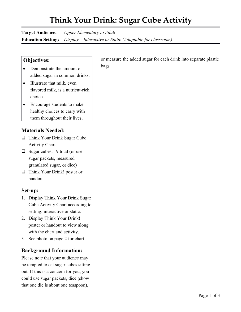 Think Your Drink: Sugar Cube Activity