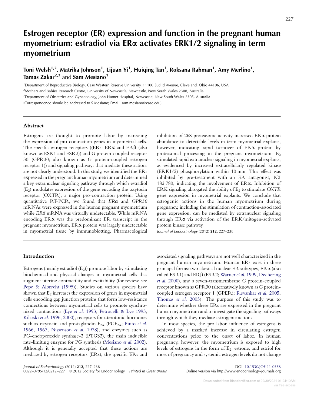 Estrogen Receptor (ER) Expression and Function in the Pregnant Human Myometrium: Estradiol Via Era Activates ERK1/2 Signaling in Term Myometrium